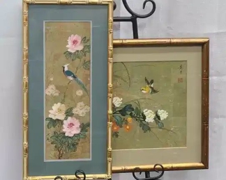 2 1970's Chinese Floral Bird Paintings on Cork