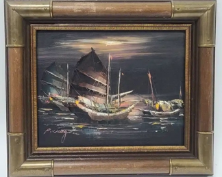 Signed Oil Painting Japanese Junk Boats by P. Wong