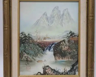 Signed Asian Mountain Scene on Canvas