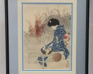 Beauty Playing with a Kitten Kuchi-e Block Print