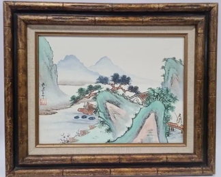 Vintage Asian Fishing Scene Framed on Canvas
