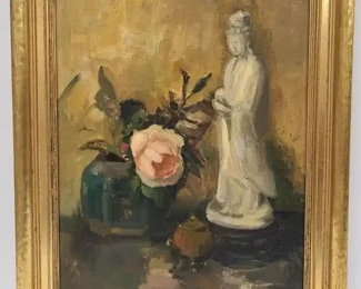 Oil on Board Floral & Statue Still Life Signed
