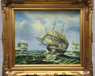 Acrylic on Canvas Ships in Storm F. Taylor