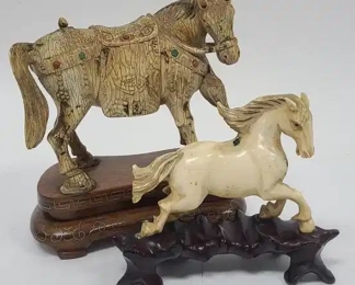 2 Carved Horse Figures - Possibly Bone or Wood