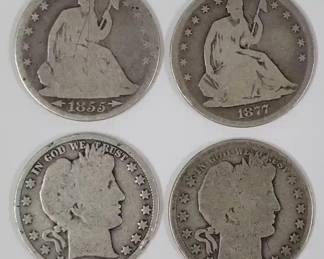 2 Seated Liberty & 2 Barber Half Dollars