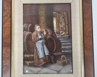German Porcelain Painting "Monk in Cellar"