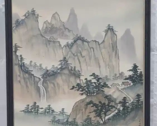 Asian Mountain Scene Watercolor on Paper Signed