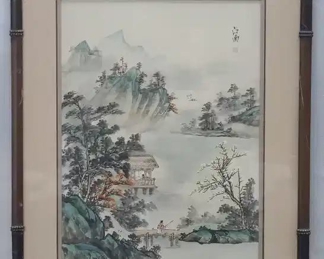 Large Asian Painting Mountain Scene on Silk