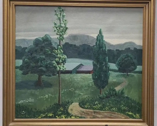 1945 Dated Naive Primitive Landscape Oil on Canvas