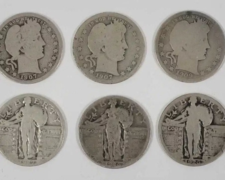 3 Barber & 3 Standing Liberty Silver U.S. Quarters