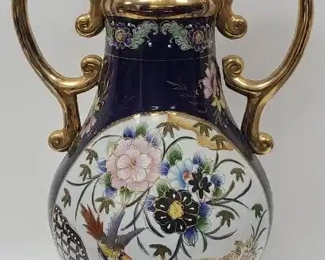 24" Cobalt Blue Moriage Double Handled Vase