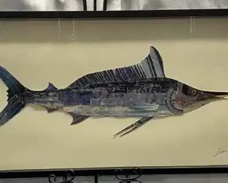 Framed Hand Made Collage Mixed Media Marlin