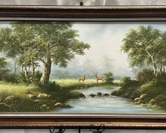 Framed Oil Painting Deer in Forest