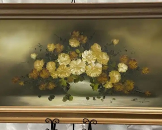 Framed Oil on Canvas Painted Roses in Vase