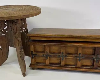 Small Wooden Ornate Stool and Box