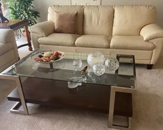 Cream Leather Couch, Glass Retro Coffee Table