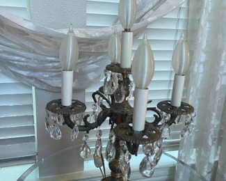 Five Light Brass and Crystal Lamp