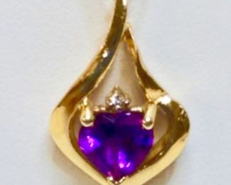 14 karat gold, small, diamond, & amethyst pendant