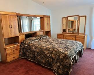 King size quilt 2 shams , duster high-quality comforter, $65 

7 drawers  dresser with the mirror  64 inches long  x 18 inches deep $75. Solid wood price to sell.
