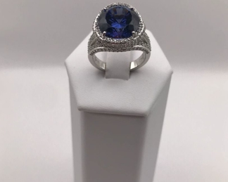 Blue And White CZ Rhodium Over Silver Ring 11.5 7 CTW