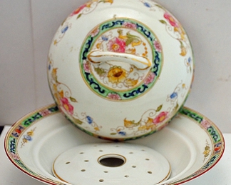 ANTIQUE NORITAKE 'N' VINTONIA COVERED ROUND BUTTER DISH FRUIT DESIGN GOLD 1920's