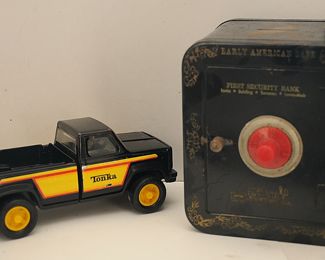 TONKA TRUCK AND LARGE METAL SAFE BANK TOYS