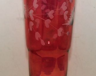 VTG RUBY RED ETCHED STEMED VASE