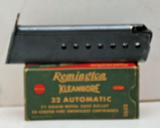 BOX OF REMINGTON KLEANBORE 32 AUTOMATIC AND A 32 MAGAZINE