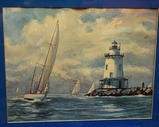 LITHOGRAPH OF A SALIL BOAT AND LIGHTHOUSE
