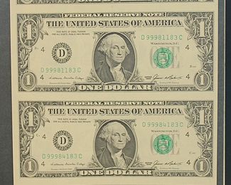 BUREAU OF ENGRAVING AND PRINTING UNCUT 4 $1 DOLLAR BILLS 