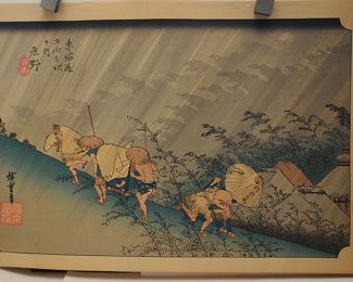 WOODBLOCK PRINT, 53 STATIONS OF THE TOKAIDO ROAD, #25, TRAVELERS SURPRISED BY SUDDEN RAIN, 1851, SIGNED HIROSHIGE GA, SEAL: KIWAME,     
