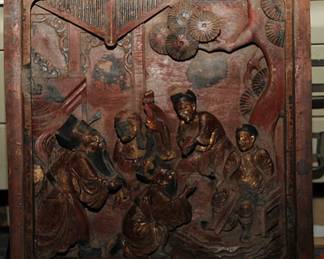 ANTIQUE Panel carved bas-relief gilded dignitaries' characters China 11" x 11"