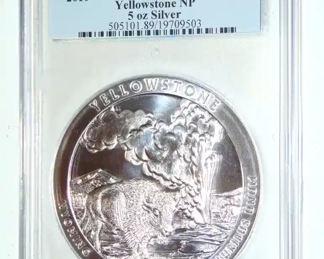 GRADED 2010, 5 oz SILVER BULLION COIN - YELLOWSTONE NATIONAL PARK, WYOMING - PCGS GEM BU - BUFFALO - OLD FAITHFUL
