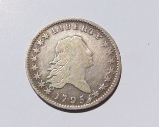 1795 LIBERTY FLOWING HAIR SILVER HALF DOLLAR, 2 LEAVES, RARE EARLY AMERICAN U.S. COIN