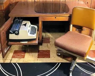 Alma Desk Co. Desk With Upholstered Swivel Chair And A Working IBM Electric Typewriter