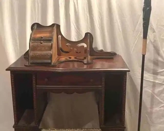 Antique Vanity, Floor Lamp, And Gold Storage Box Filled With Shoe Cleaner 