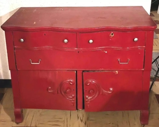 Buffet Style Antique Cabinet W Three Dove Tail Drawers, Painted A Reddish Color With Wheels