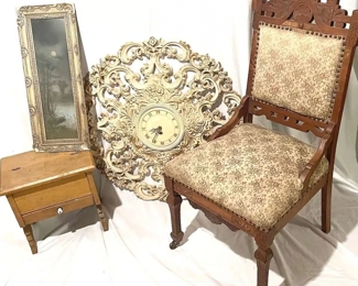Carved Wooden Chair, Ornate Wall Clock, Stool, Framed Print