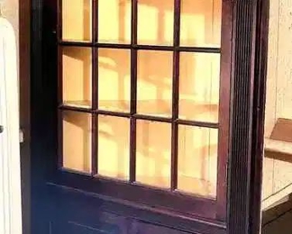 Corner Cabinet With WindowPane Style Upper Door, Two Wooden Lower Doors And Six Internal Shelves