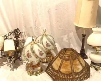 Four Lamps, Chandelier, And Glass Lamp Shade 