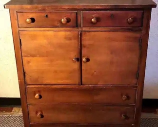 Highboy Dresser On Wheels With Front Cabinet Doors And Four Drawers