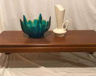 Lane Wooden Coffee Table, White Vase With Handle, And Blue Glass Bowl Mid Century Items