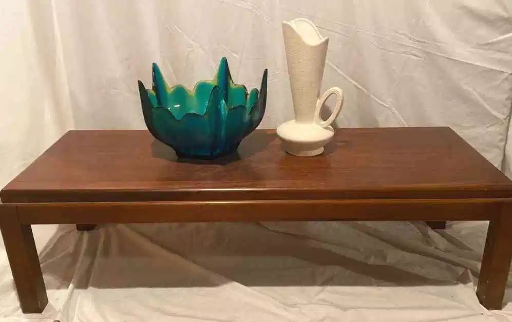 Lane Wooden Coffee Table, White Vase With Handle, And Blue Glass Bowl Mid Century Items