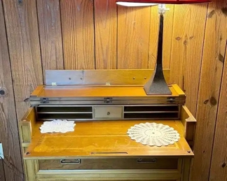 Maddox Secretary Desk, Silver Red Lamp, Doilies