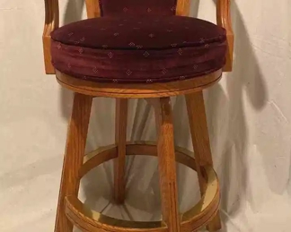 Solid Oak Bar Stool With Maroon Fabric Seat 