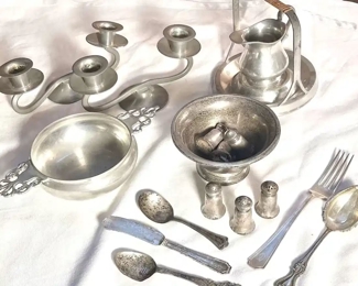 Sterling Silver Bowl, Shakers, Utensils, Pewter Pieces