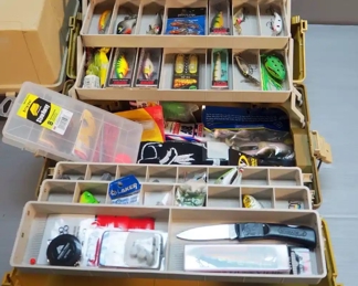 Plano Tackle Boxes, Models 8107 And 8106, With Assorted Tackle, Including Lures, Artificial Bait, Hooks, Fish Scale, Fire Dye, And More