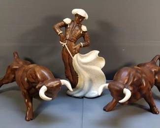 Mid Century Spanish Matador Figurine, 13" Tall, With Ceramic Bulls, Qty 2, Marked USA551