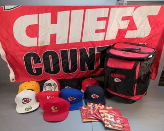 Kansas City Chiefs Assortment Incudes, Caps, Qty 9, Logo Insulated Rolling Cooler, Chiefs Country Flag, McDonalds Red Friday Flags, Qty 6, And More