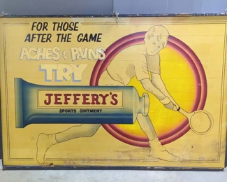 Vintage Wood Jeffery's Sports Ointment Hanging Advertisement Sign, 49.5" x 74" x 3.5"